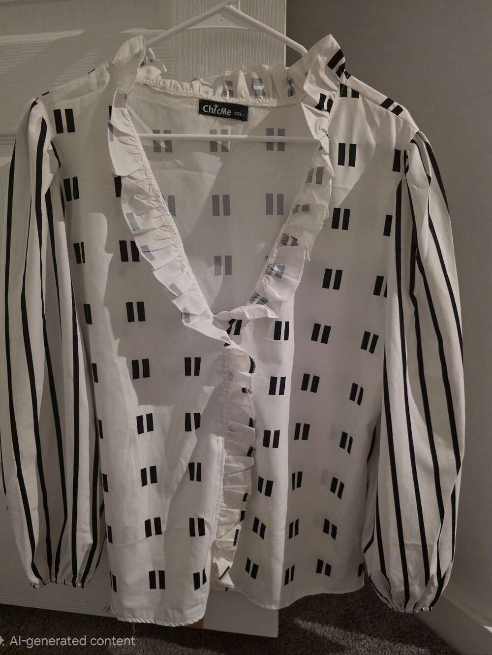 White Ruffle V-Neck Blouse with Black Geometric Print